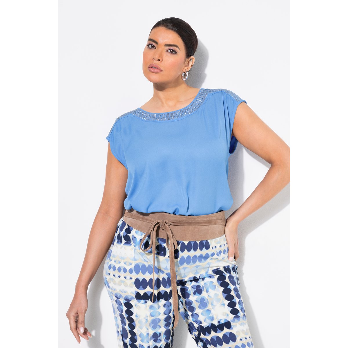 T-shirt sans manches. Mélange de matières bleu clair, ULLA POPKEN