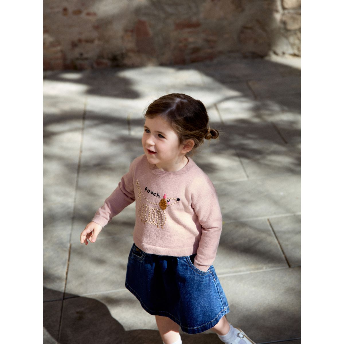 Pull coupe carrée pooch rose brodé, NEXT