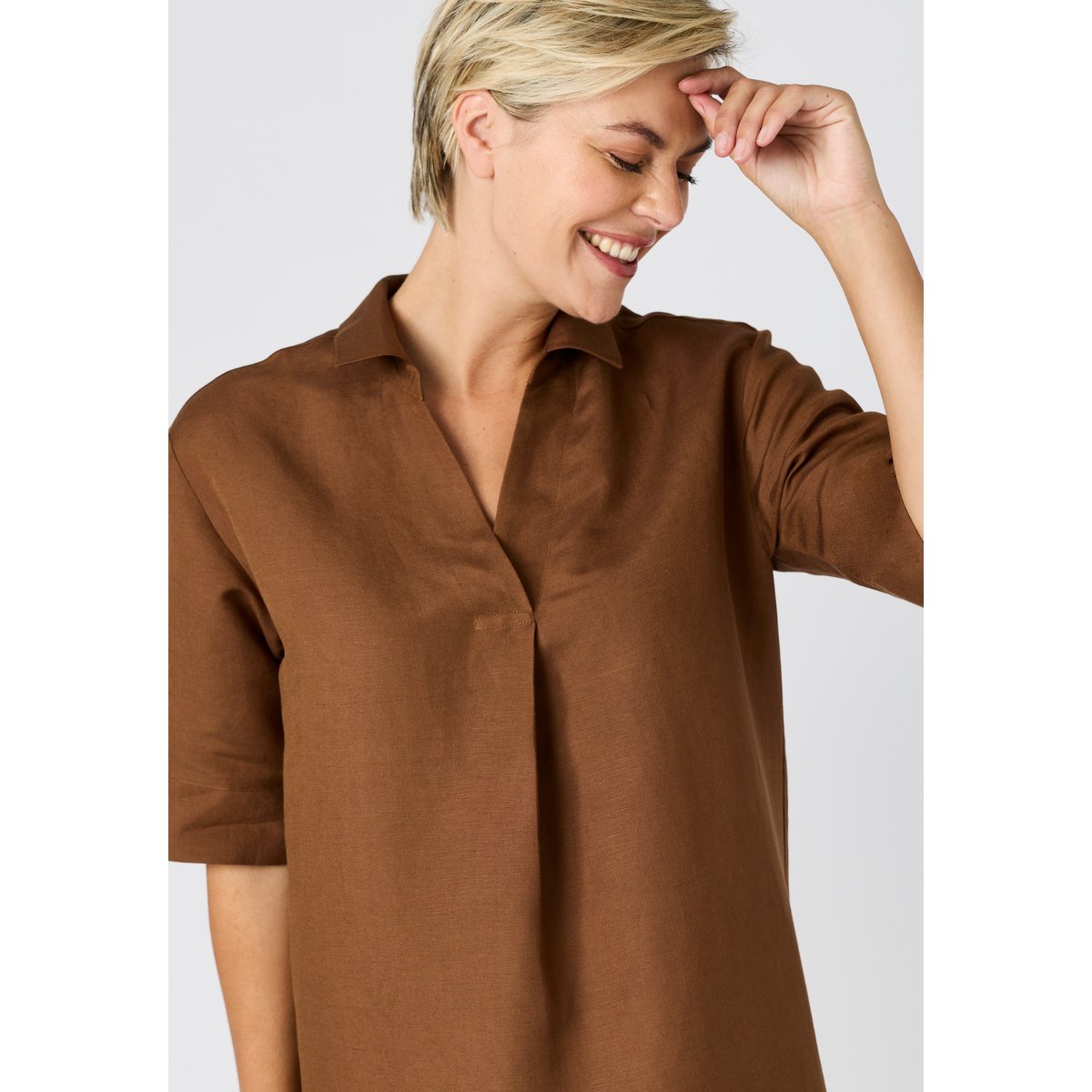 Robe caftan mélange lin marron foncé, DAMART
