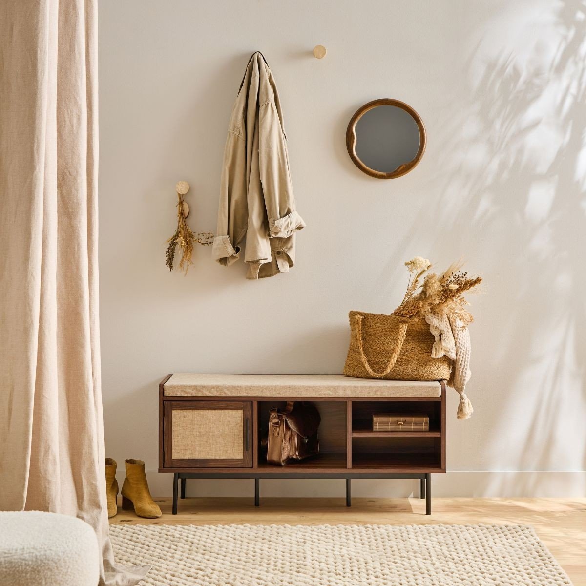 Banc d'entrée décor noyer 1 porte avec façade en tissu  JETSON bois foncé, CALICOSY