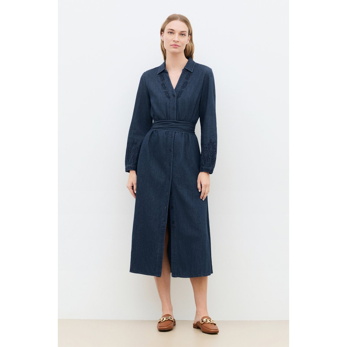 Robe longue col chemise ROLANE denim stone, CAROLL
