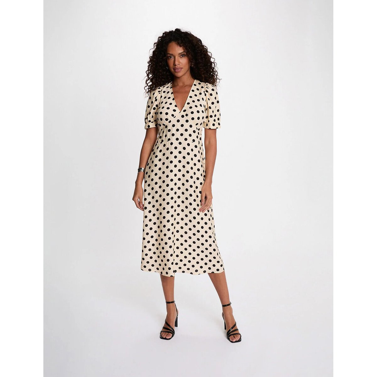 Robe longue à pois, manches courtes imprimé pois + écru, MORGAN