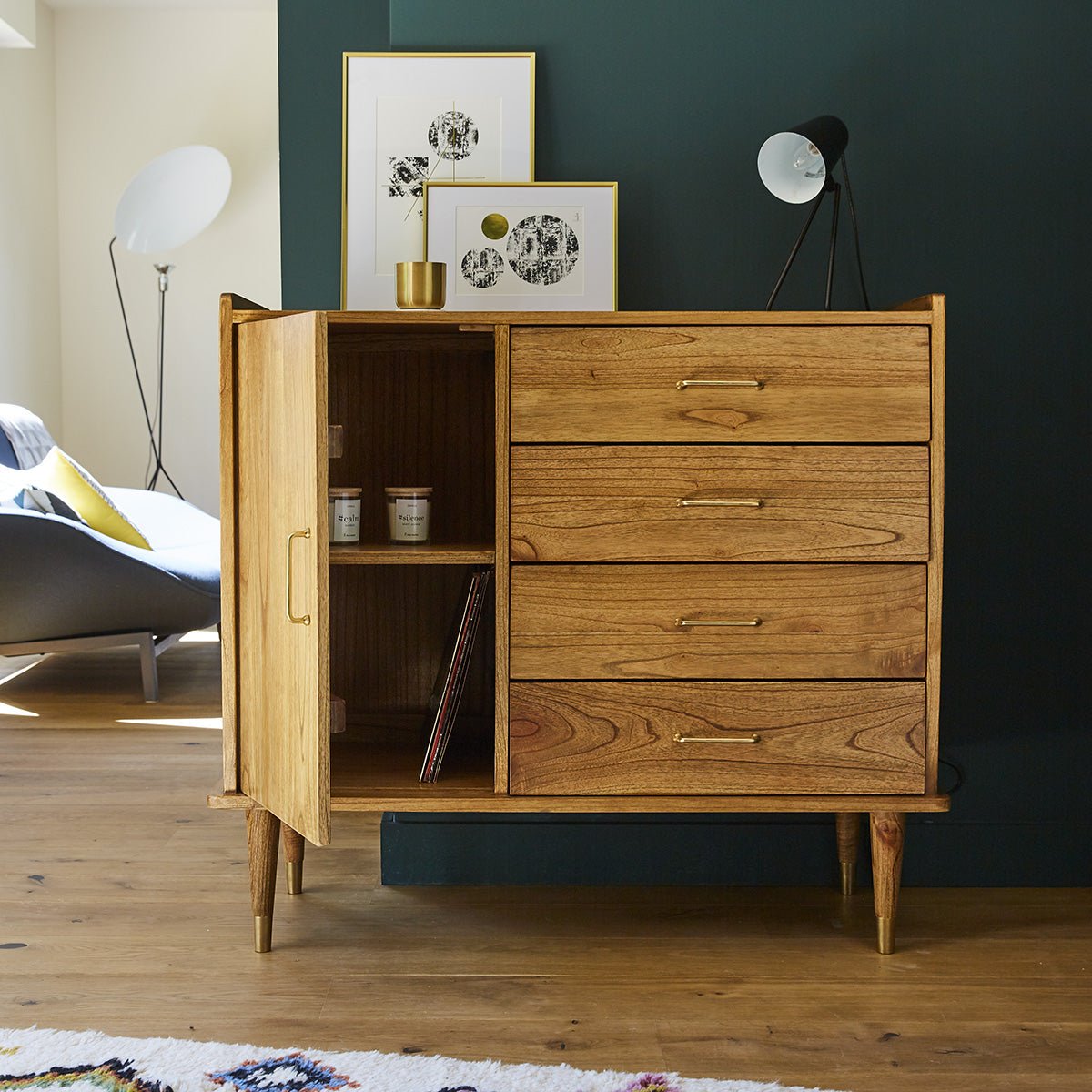 Buffet en bois massif 1 porte et 4 tiroirs PIA naturel, BERAH GETAH
