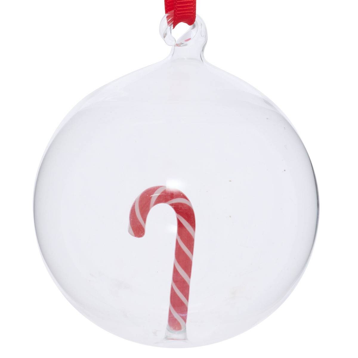 Boule de Noël motif sucre d'orge en verre D. 80 mm rouge, FEERIC LIGHTS & CHRISTMAS