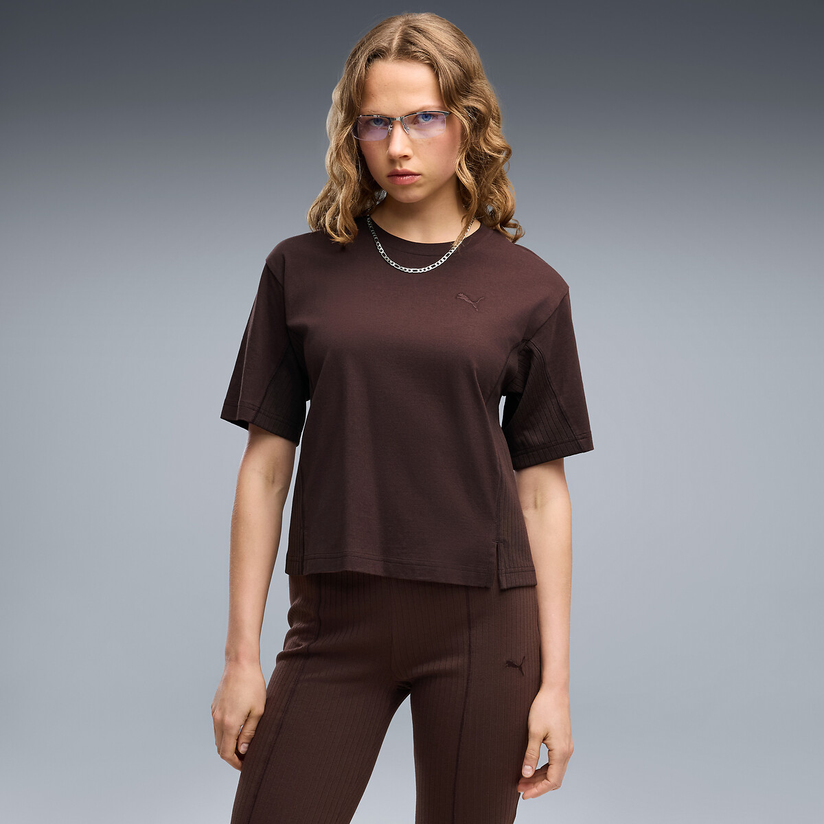 Tee shirt col rond manches courtes marron chocolat, PUMA