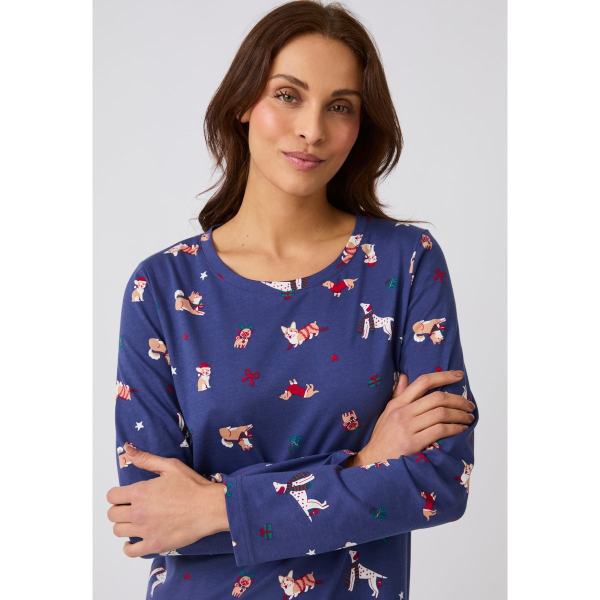 Chemise de nuit de Noël en maille jersey pur coton peigné bleu marine imp., DAMART