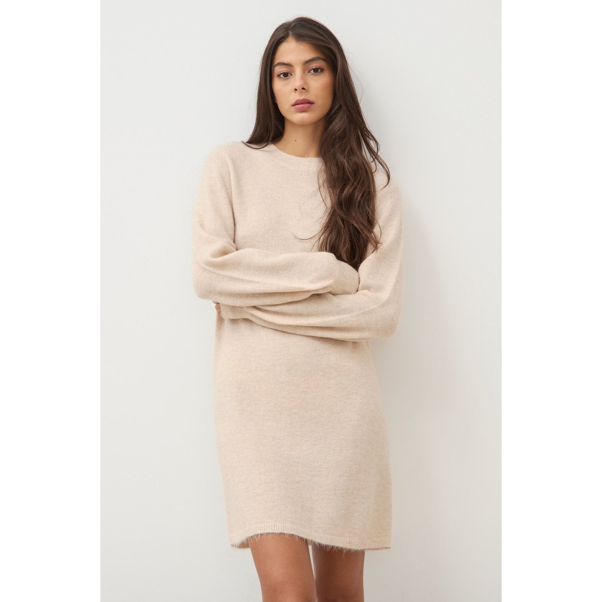 Robe droite courte manches longues creme, BONOBO