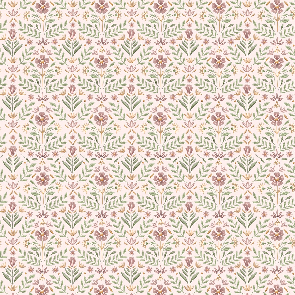 Papier peint pour enfant Petites fleurs vintage rose, vert, ocre, LITTLE DUTCH