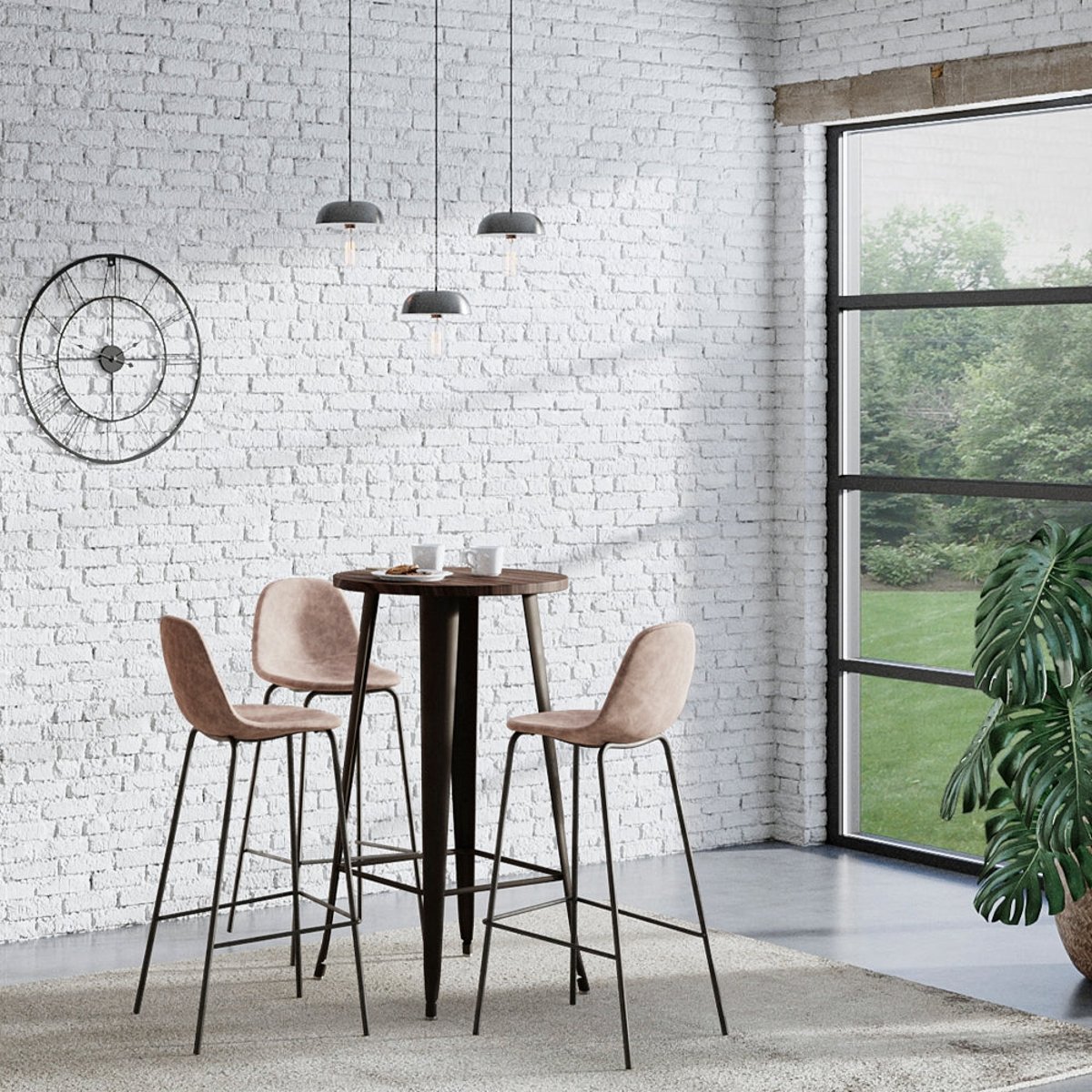 Lot de 2 chaises de bar 75 cm en cuir synthétique - HENRIK taupe et pieds noirs, MAISON PAVANE