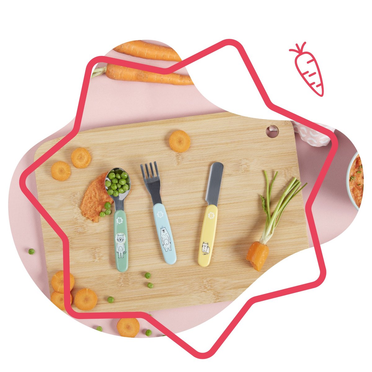 Couverts métal enfant pour repas autonomes gris, BADABULLE