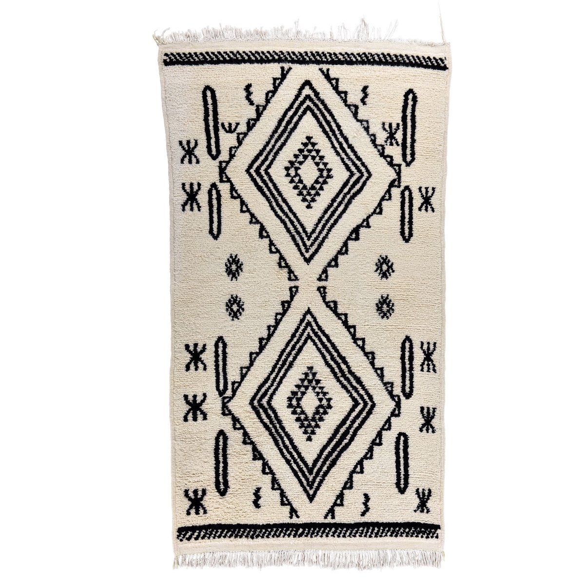 Tapis Beni Ourain noué main à franges laine blanc/noir, THEKO