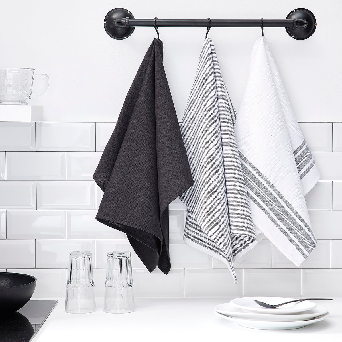 Lot de 3 torchons imprimé Rayures ESSENTIAL gris anthracite, TODAY