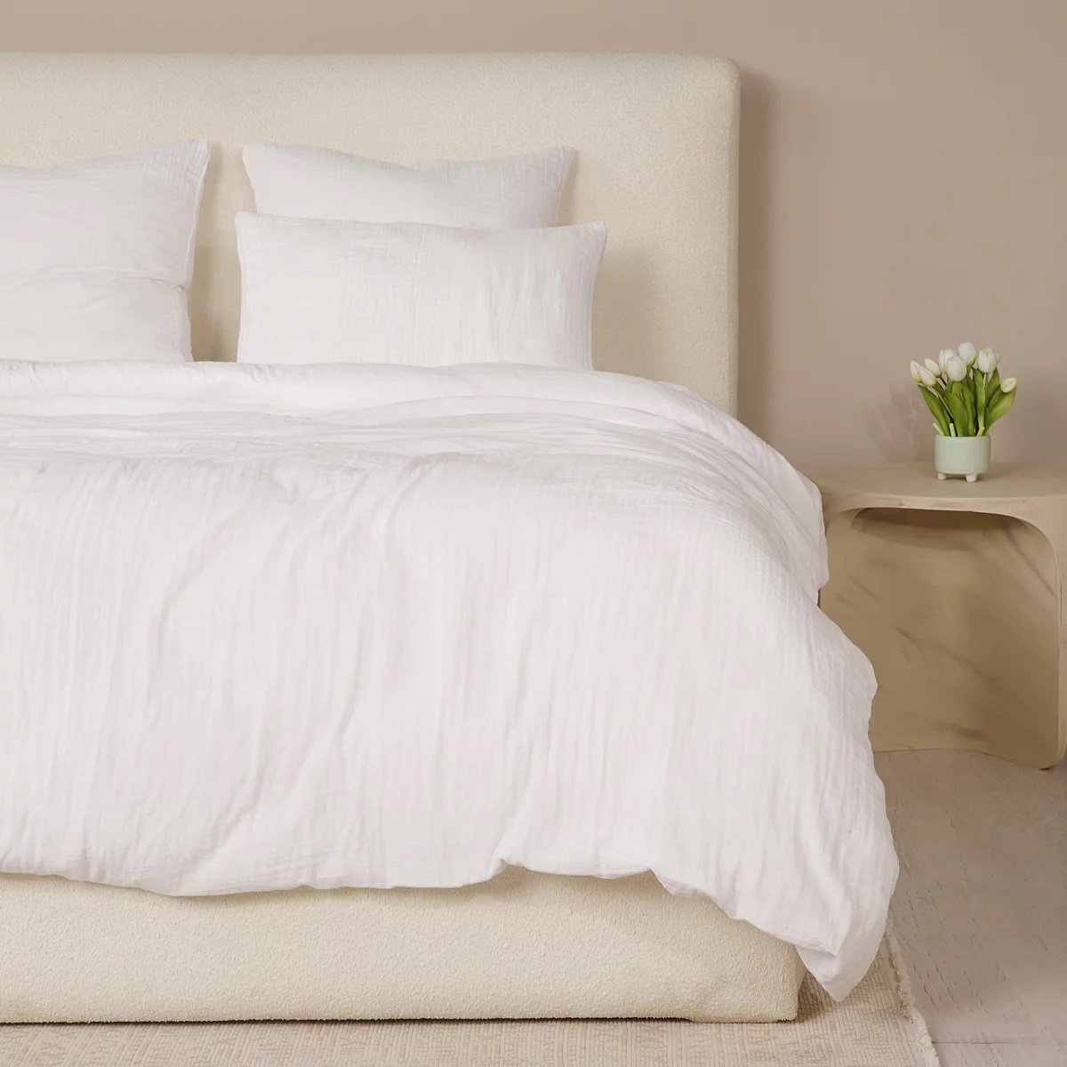 Housse de couette + taies gaze de coton lave Douceur blanc, EDEN