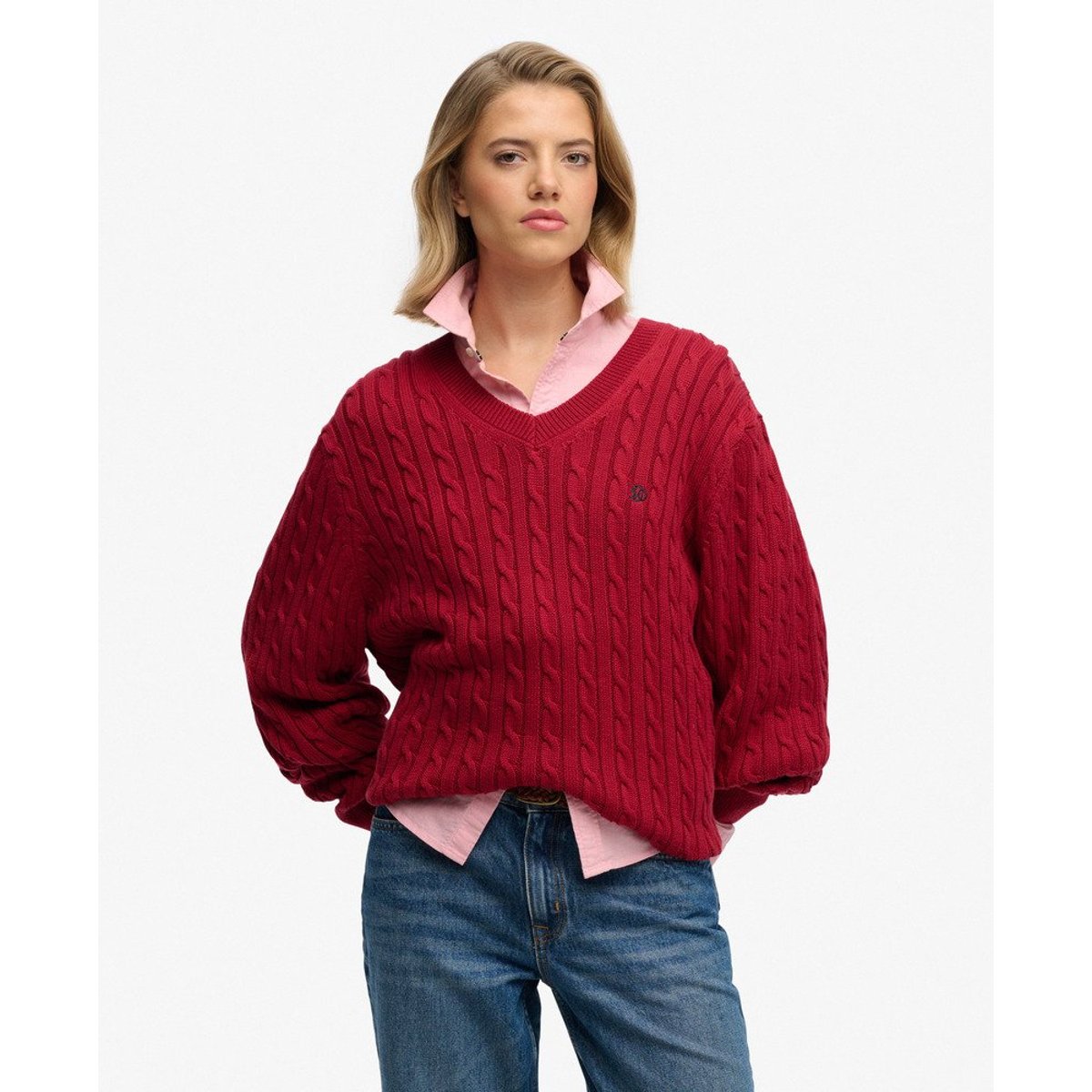Pull à Câbles Col V Oversize rouge bordeaux, SUPERDRY