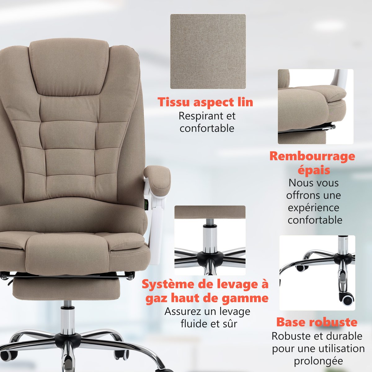 Fauteuil de bureau avec fonction massage Lin beige, HOMCOM