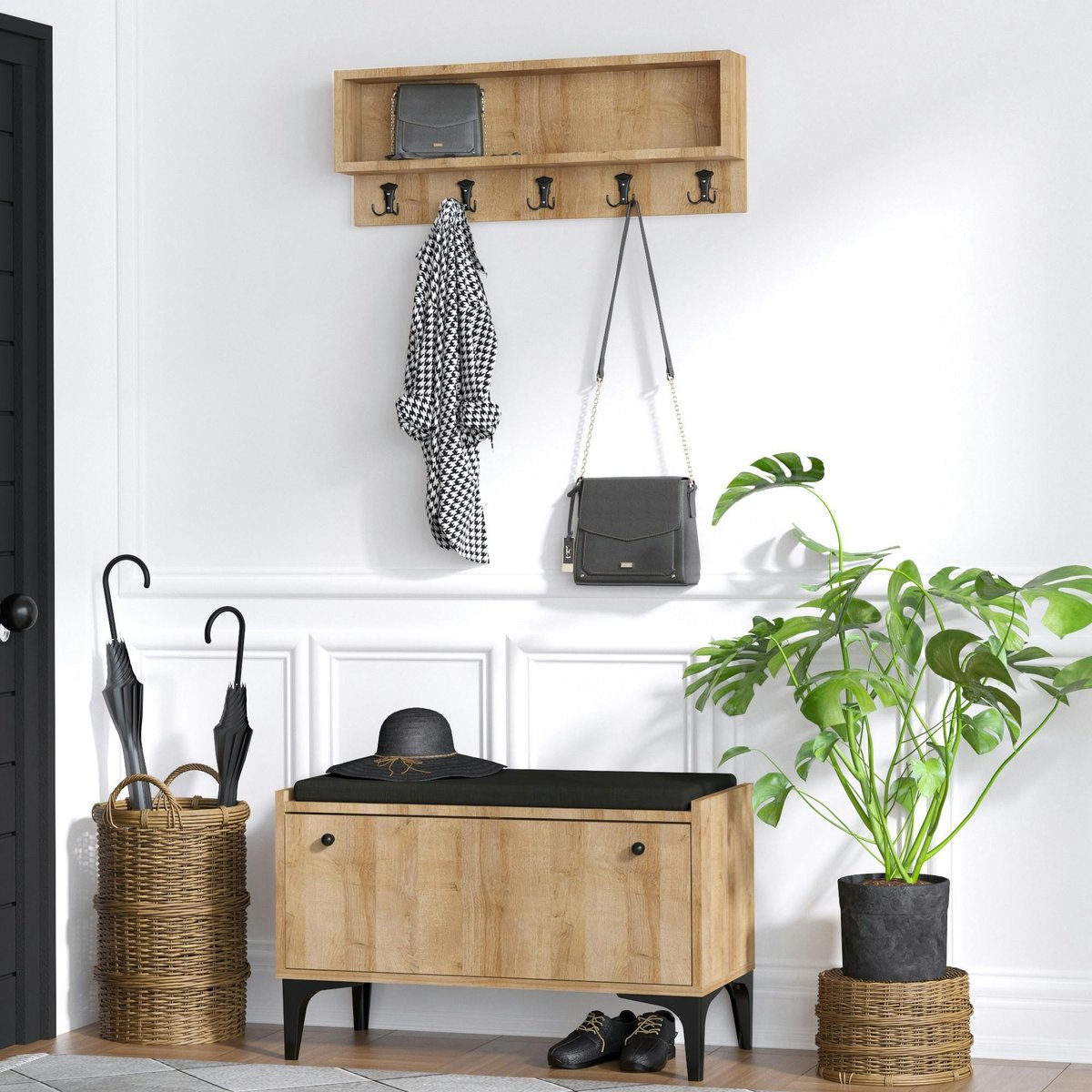 Banquette entrée noire - casier chaussures & portemanteau JENA bois naturel, PIER IMPORT