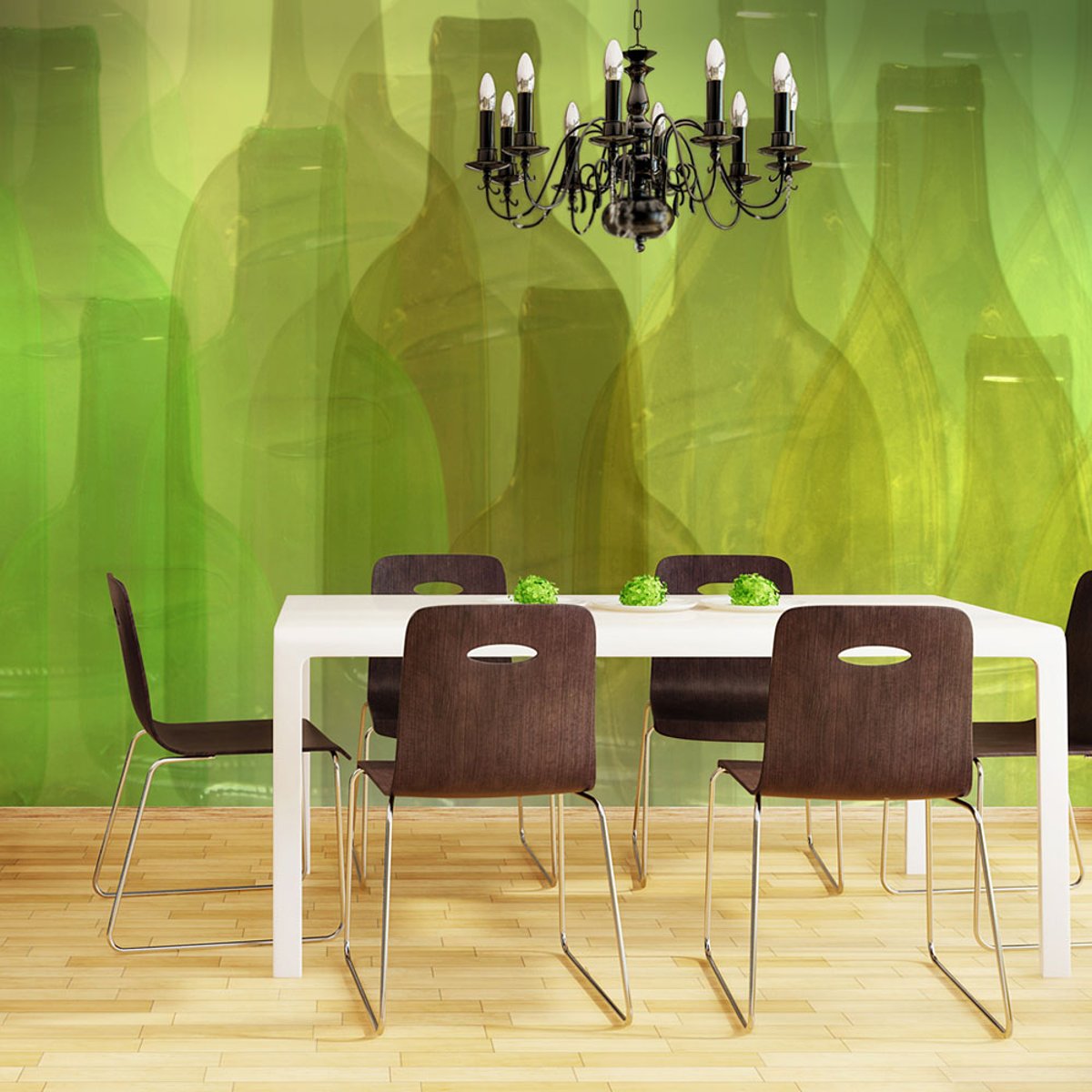 Papier peint intissé panoramique Motifs de cuisine Bouteilles vertes multicouleur, EDEN