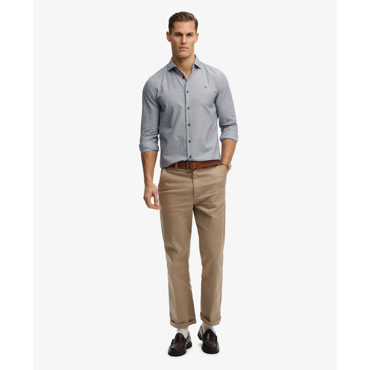 Chemise Popeline à Col Cassé Manches Longues gris/bleu fil-à-fil, SUPERDRY