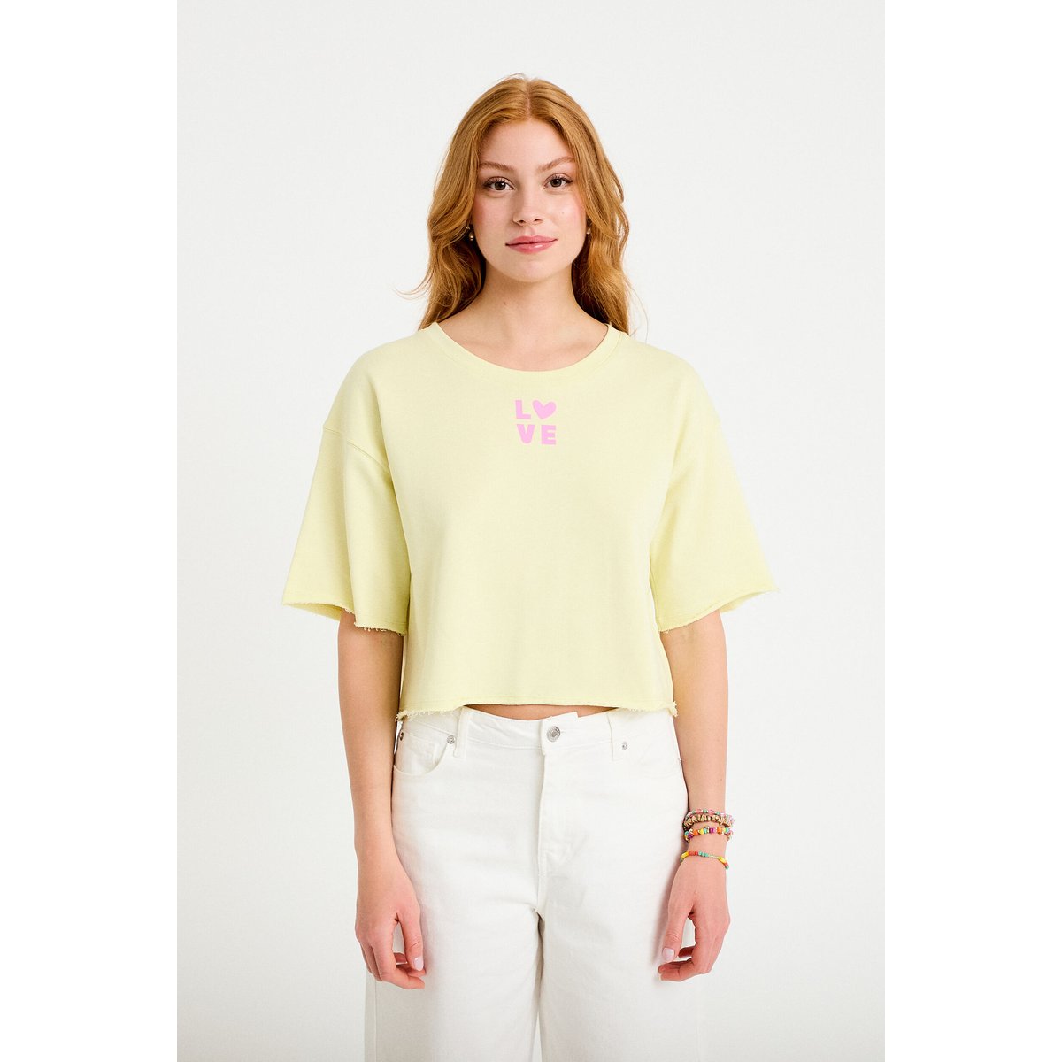 Sweat oversize cropped col rond jaune clair, CACHE CACHE