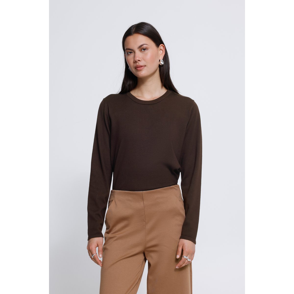Pull en maille manches longues marron chocolate torte, ICHI