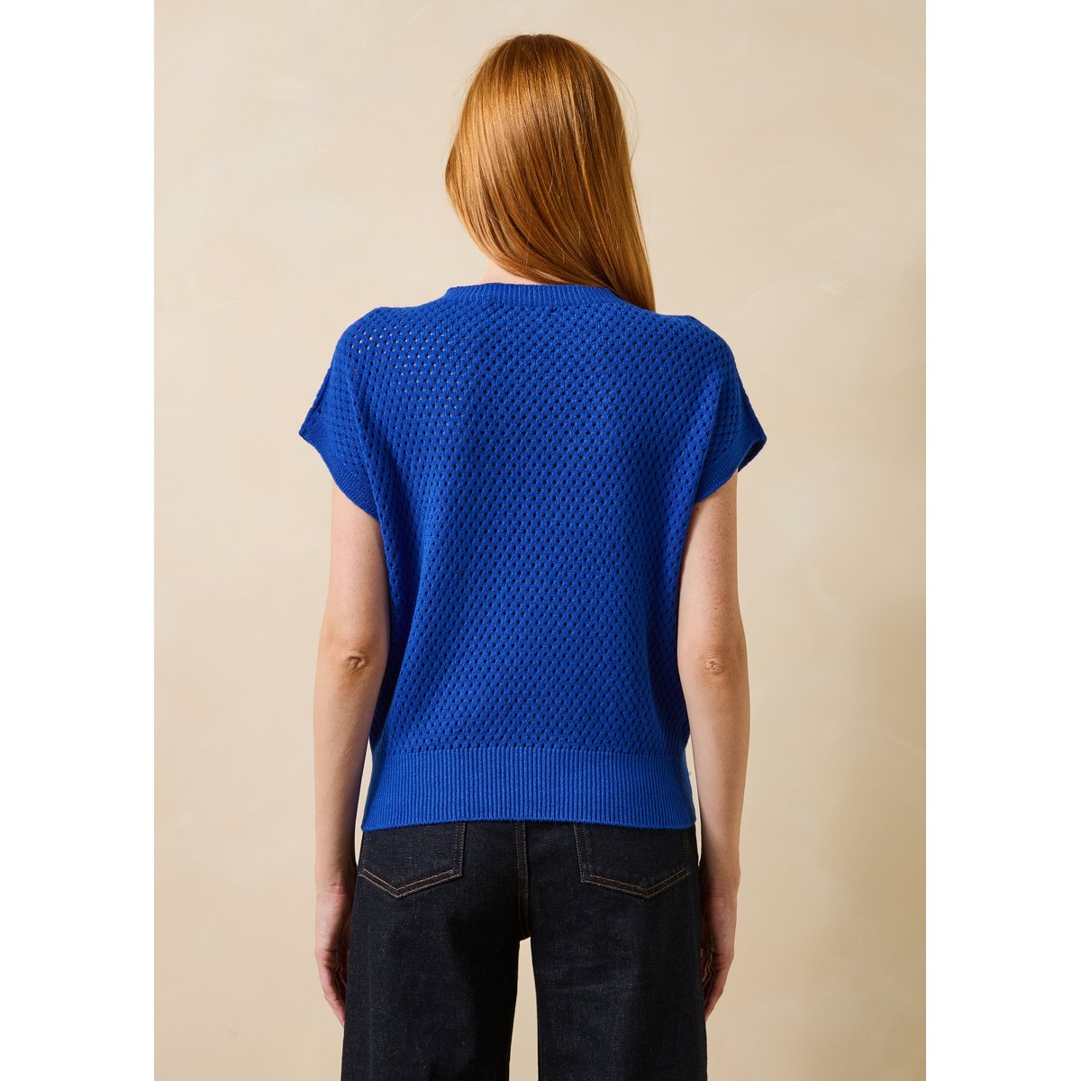 Pull manches courtes en maille col rond bleu roi, LA FEE MARABOUTEE