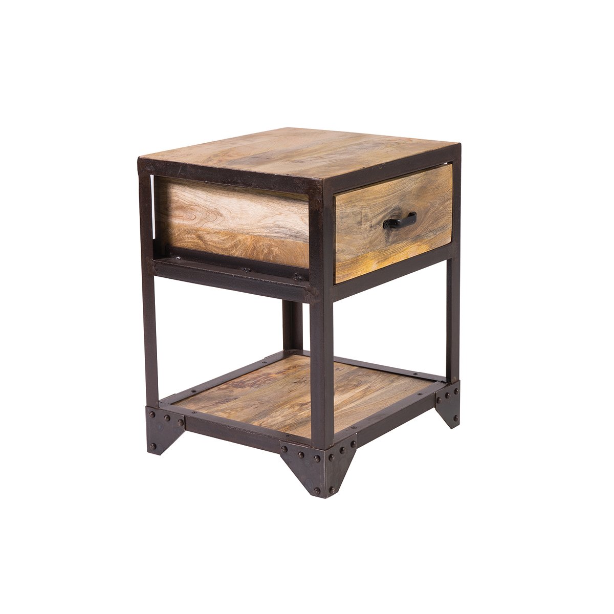 Table de chevet avec tiroir industrielle en bois manguier massif INDUSTRIA bois clair / noir, MILIBOO