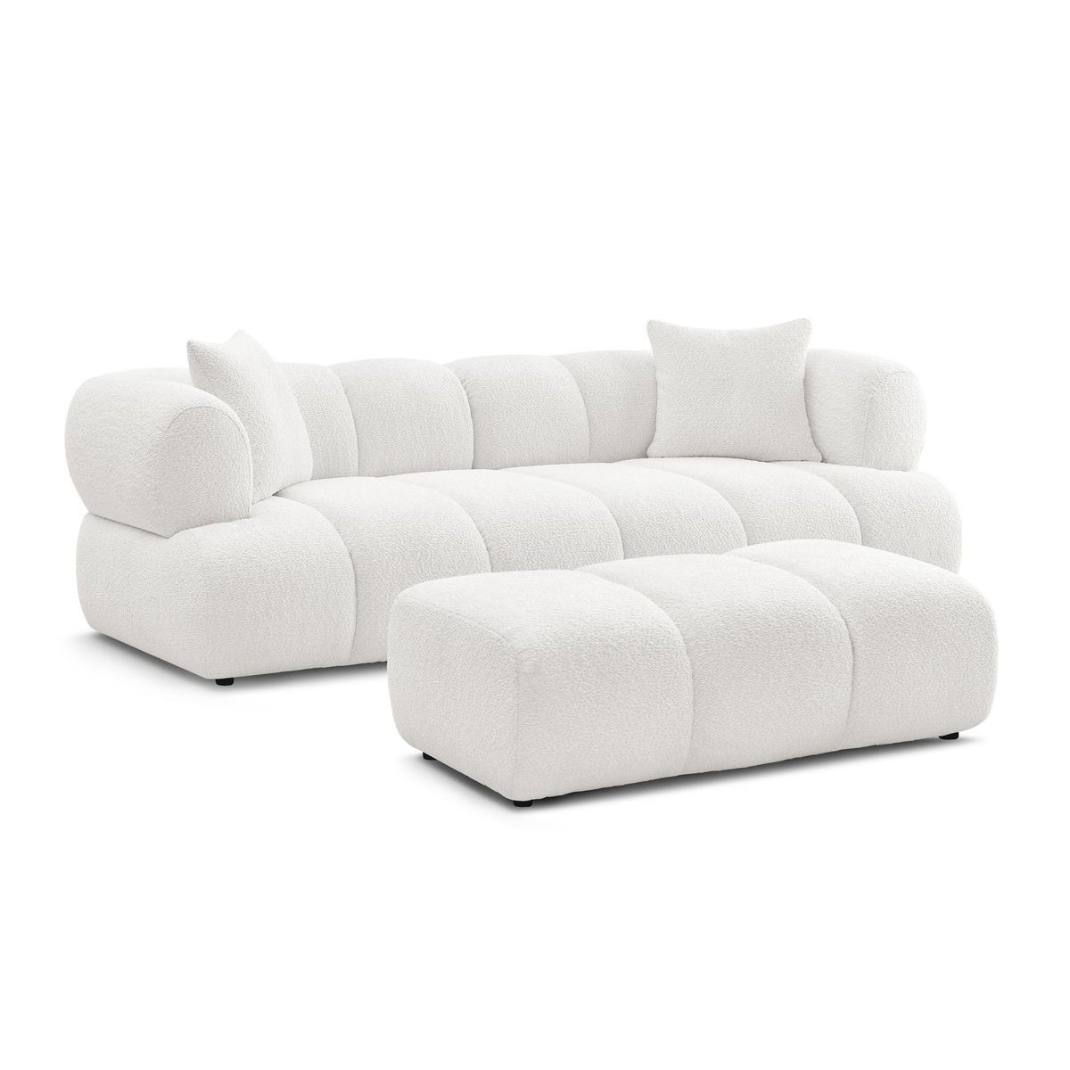 Canapé droit fixe 3 places en tissu bouclette avec pouf, PAMIRA blanc, BOBOCHIC