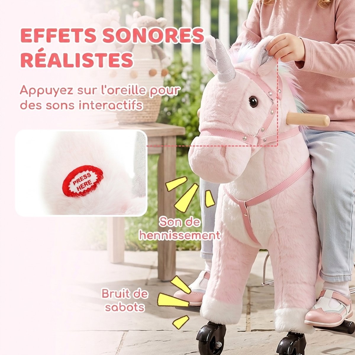 Cheval à bascule pour enfants Peluche rose, crinière multicolore, AIYAPLAY