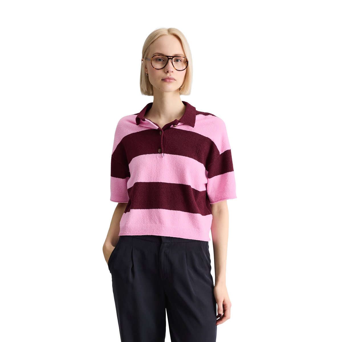 Polo en tricot régulier en mélange Crinkled Organic Cotton rose bonbon, MARC O’POLO DENIM