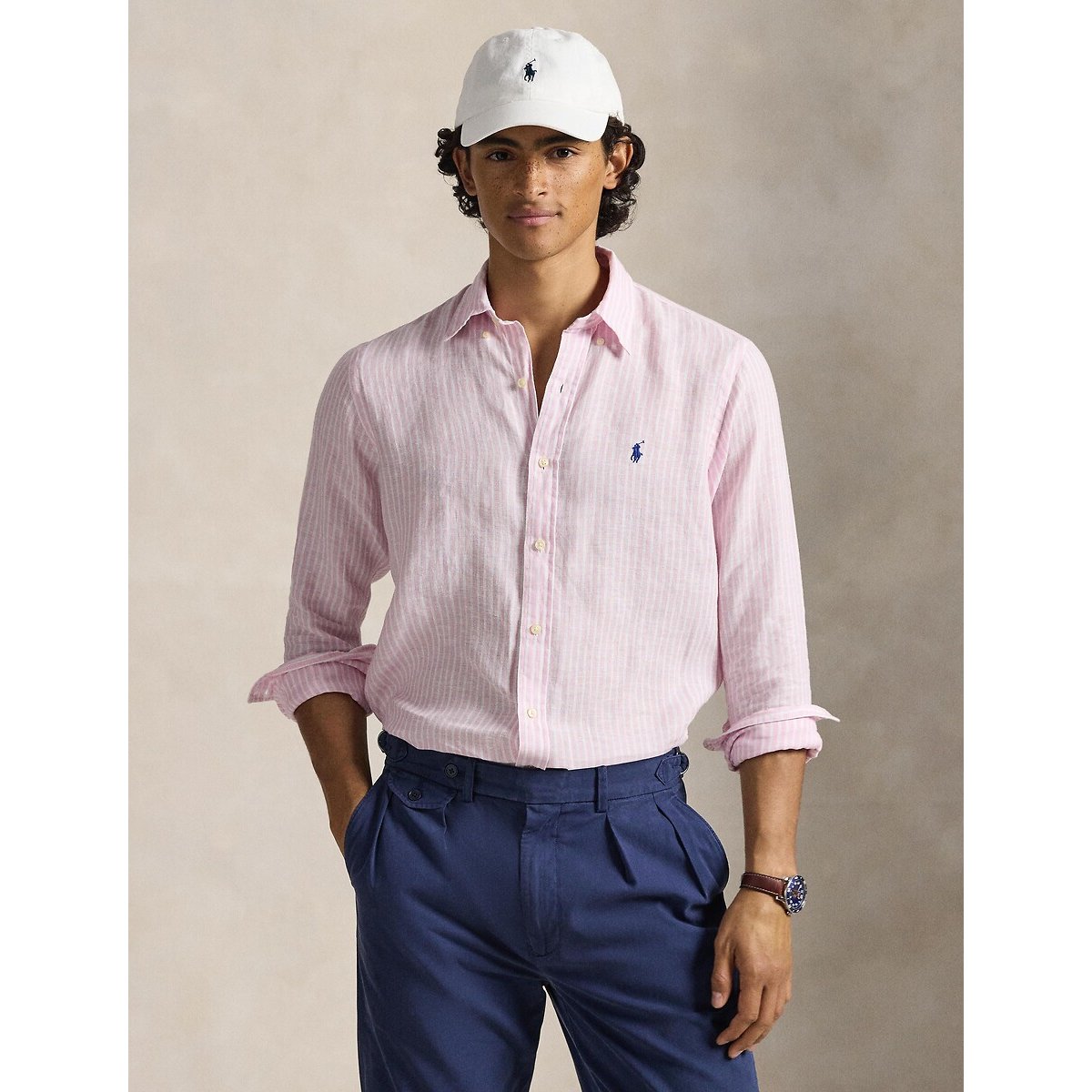 Chemise rayée Custom Fit en lin rose/blanc, POLO RALPH LAUREN