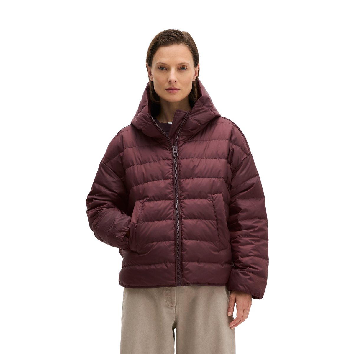 Veste matelassée en duvet avec capuche relaxed en polyester recyclé rouge, MARC O'POLO