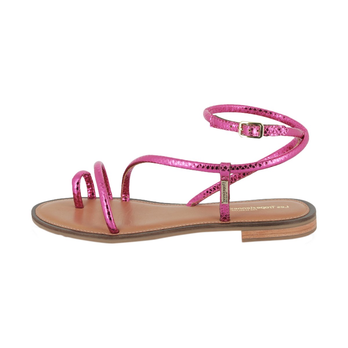 Sandales plates en cuir Hatrio, passe-doigt fuchsia metal, LES TROPEZIENNES PAR M.BELARBI