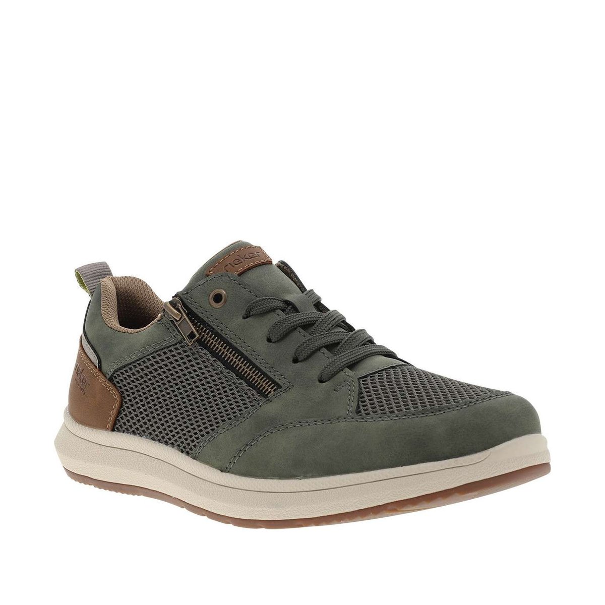 Sneakers bleu marine à talon plat avec des lacets et un zip latéral vert, RIEKER