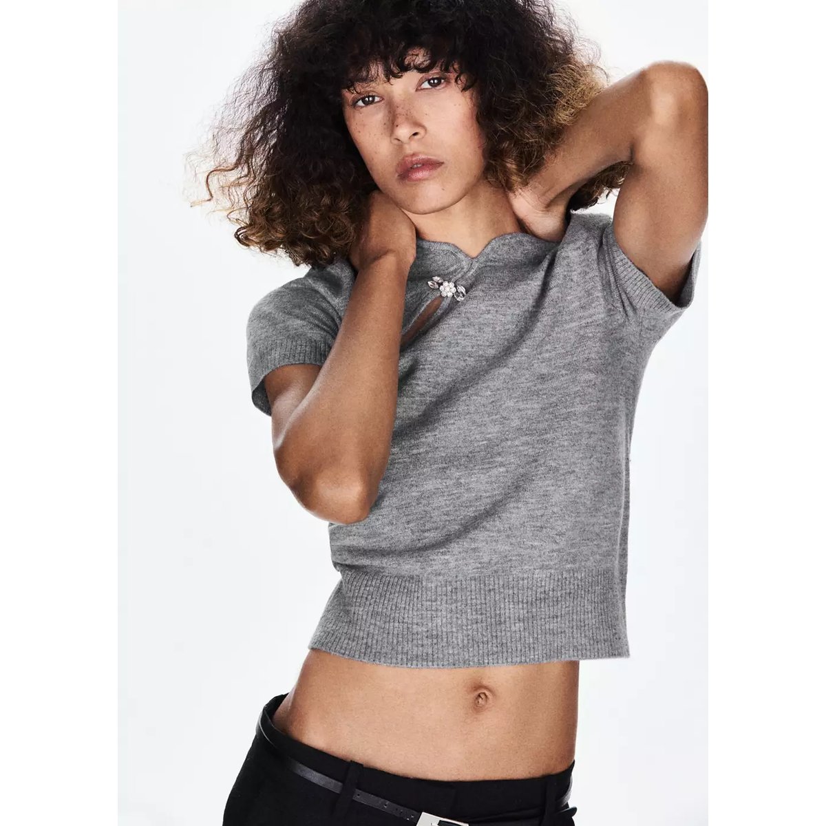 Pull-over manches courtes détail brillant gris chiné clair, MANGO