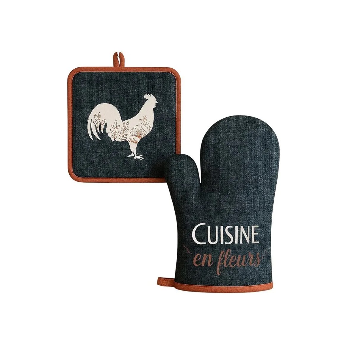 Gant et manique de cuisine Coq et fleurs gris_anthr, EDEN