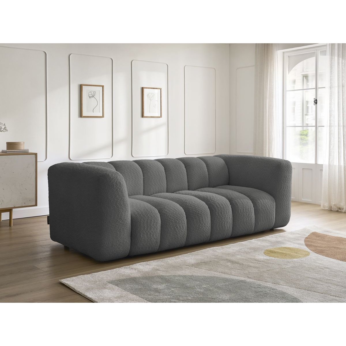 Canapé droit fixe 3 places en tissu bouclette, TALIA gris foncé, BOBOCHIC