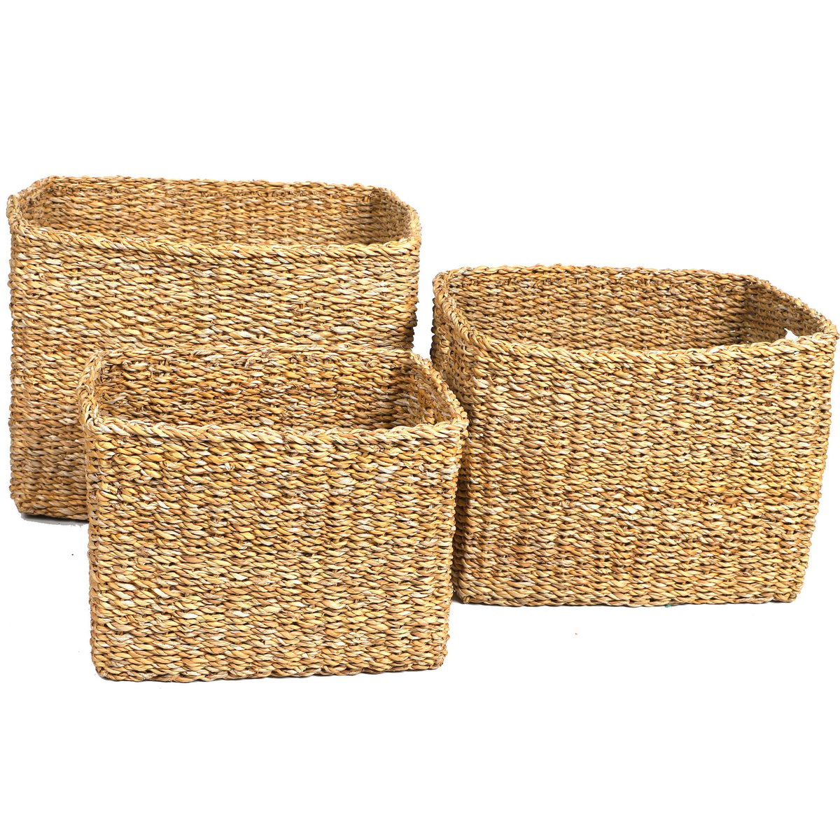 Set de 3 paniers rectangulaires tressés en algue marine bois, WADIGA