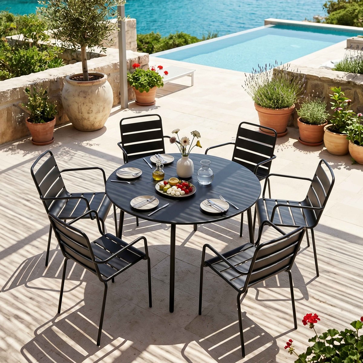 Salon de jardin table ronde et 6 fauteuils en métal, PALAVAS gris anthracite, OVIALA