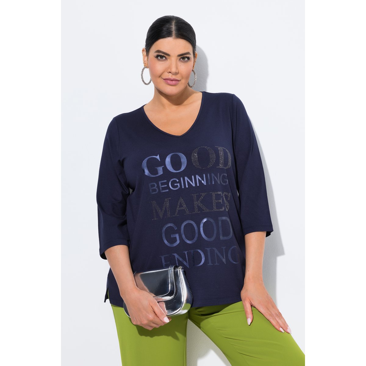 T-shirt décolleté V et manches 3/4 marine, ULLA POPKEN