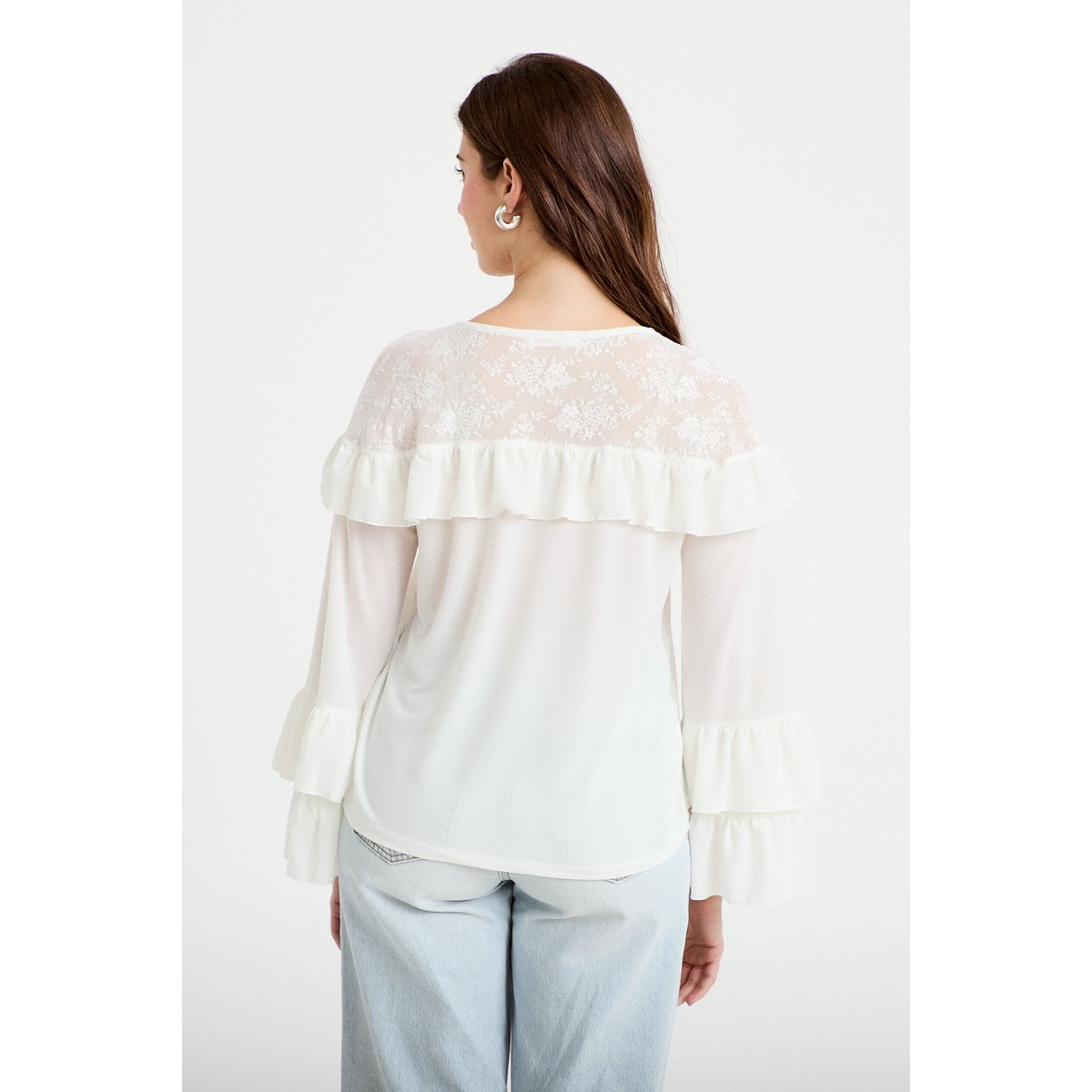 Blouse col v manches longues dentelle ecru, CACHE CACHE