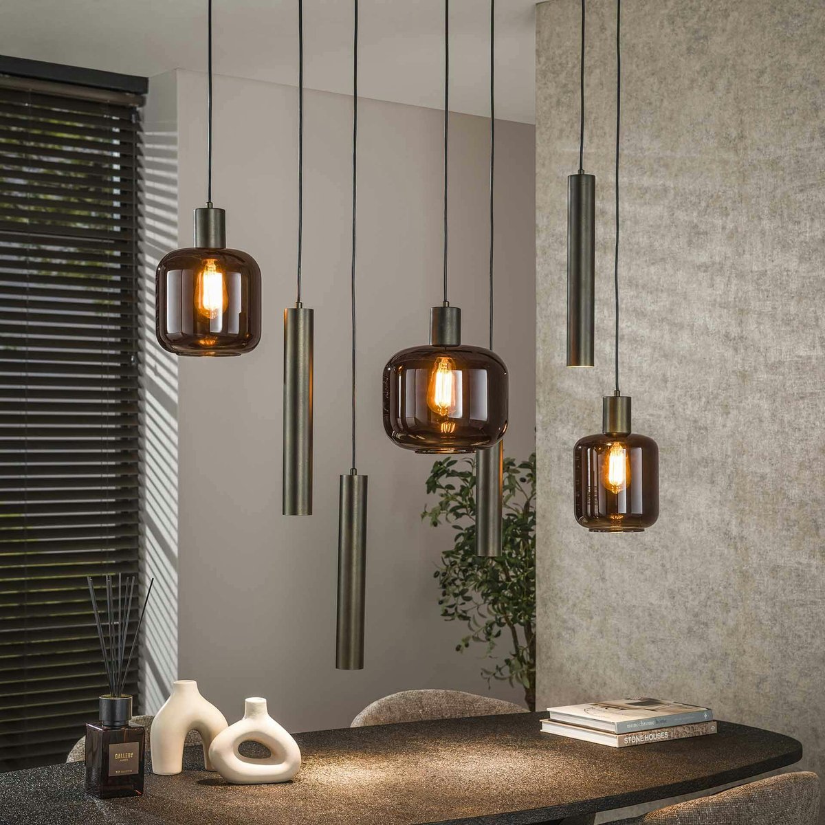 Suspension verre & métal – globes bruns + tubes bronze NOVA marron, PIER IMPORT