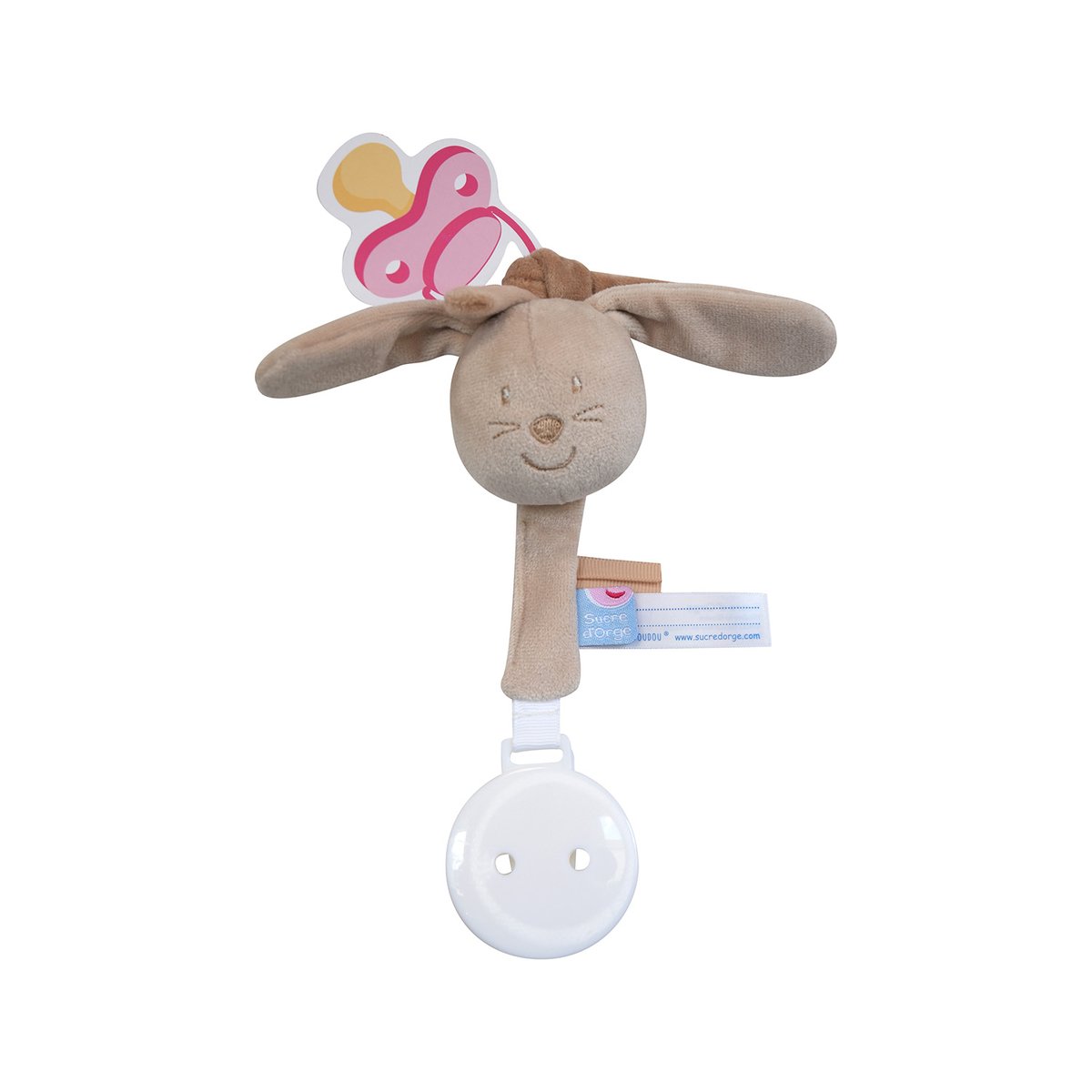 Attache tetine lapin velours doux beige beige, SUCRE D'ORGE