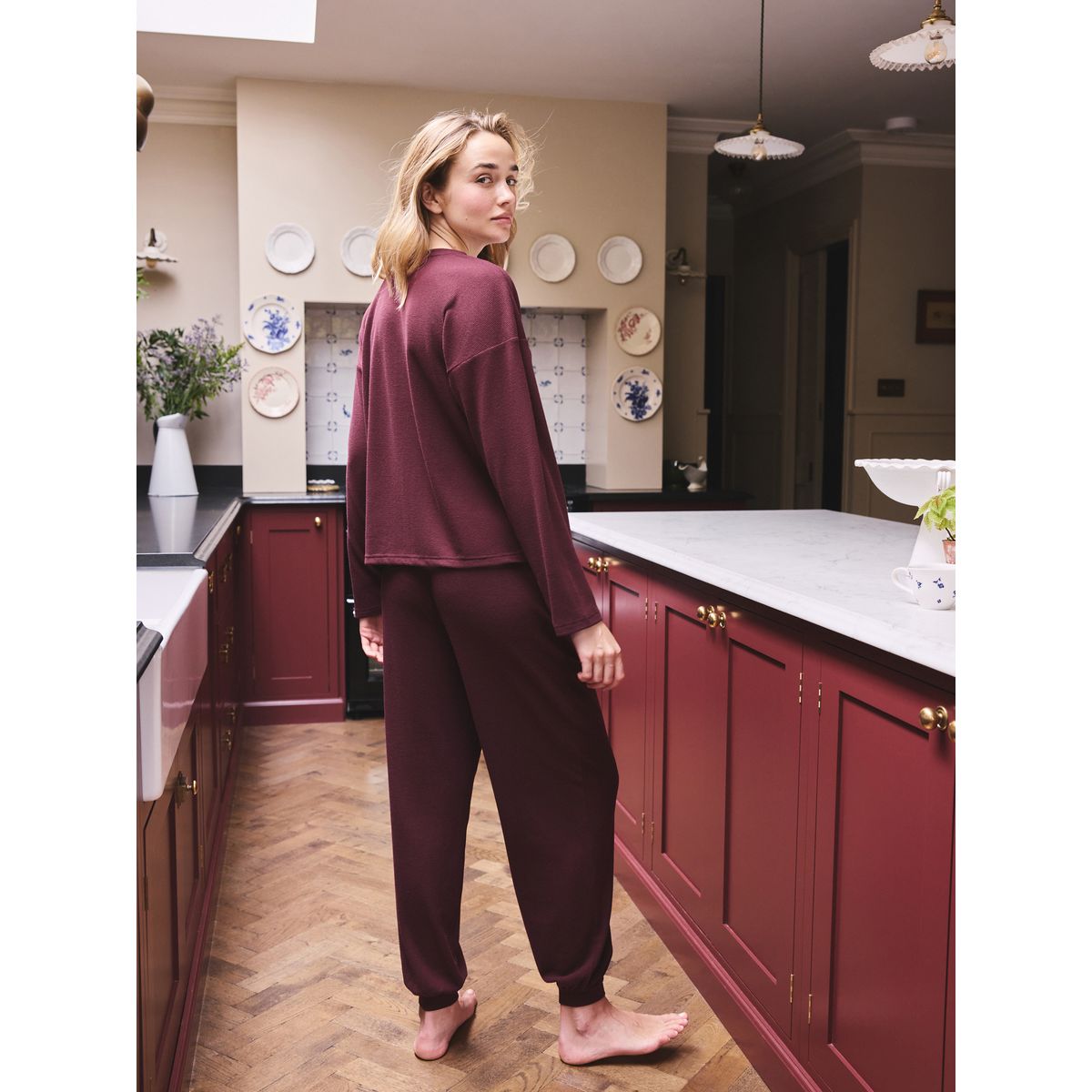 Pyjama confortable gaufré à col boutonné rouge bordeaux, NEXT