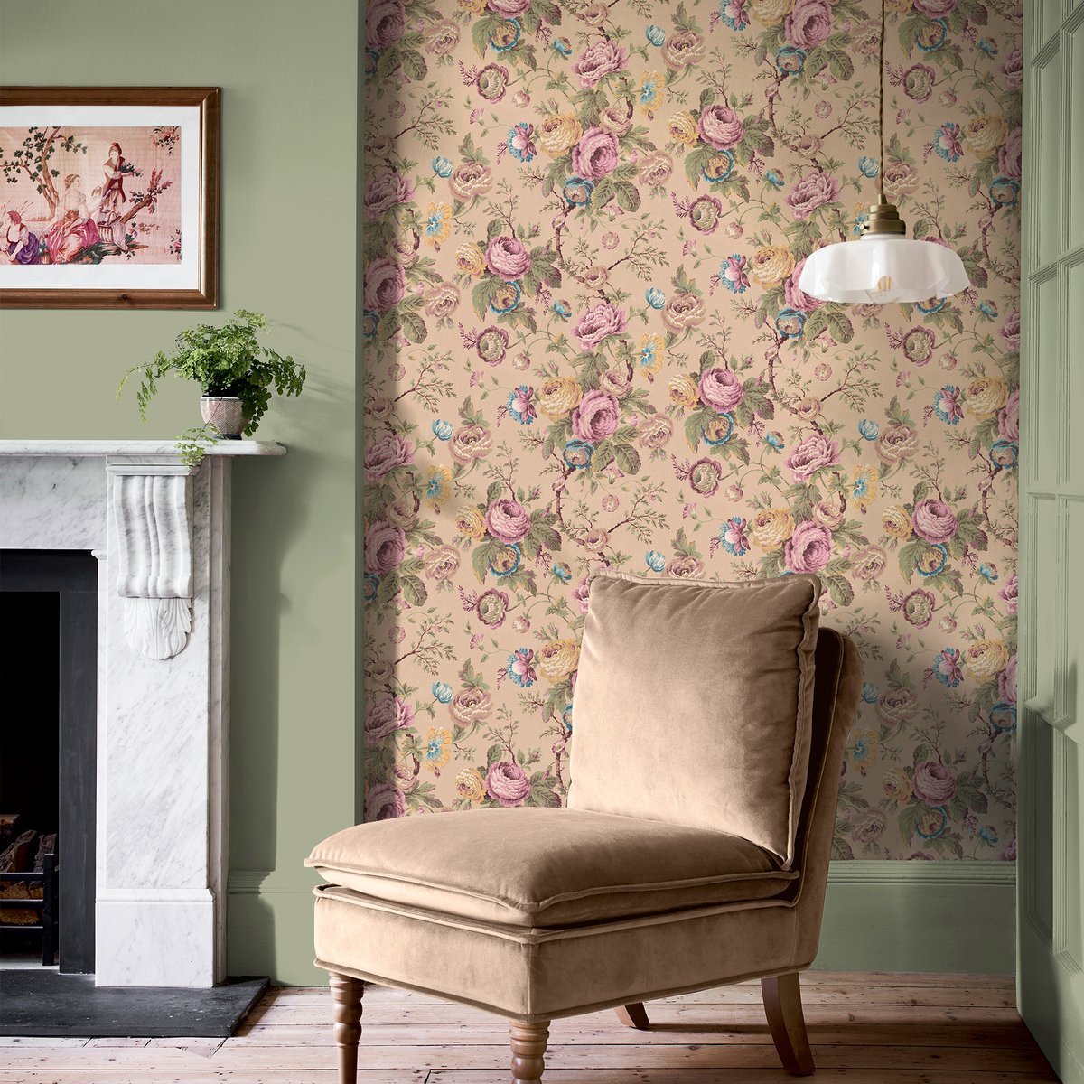 Papier peint fleuri roses vintage Uffington rose, beige, ocre, vert, LAURA ASHLEY