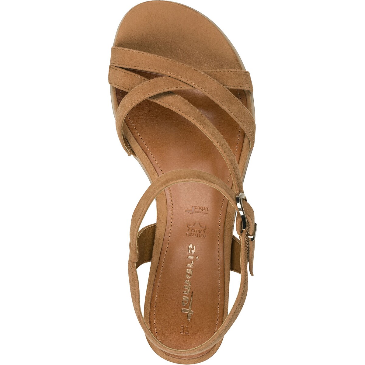 Sandales compensées en cuir tan, TAMARIS