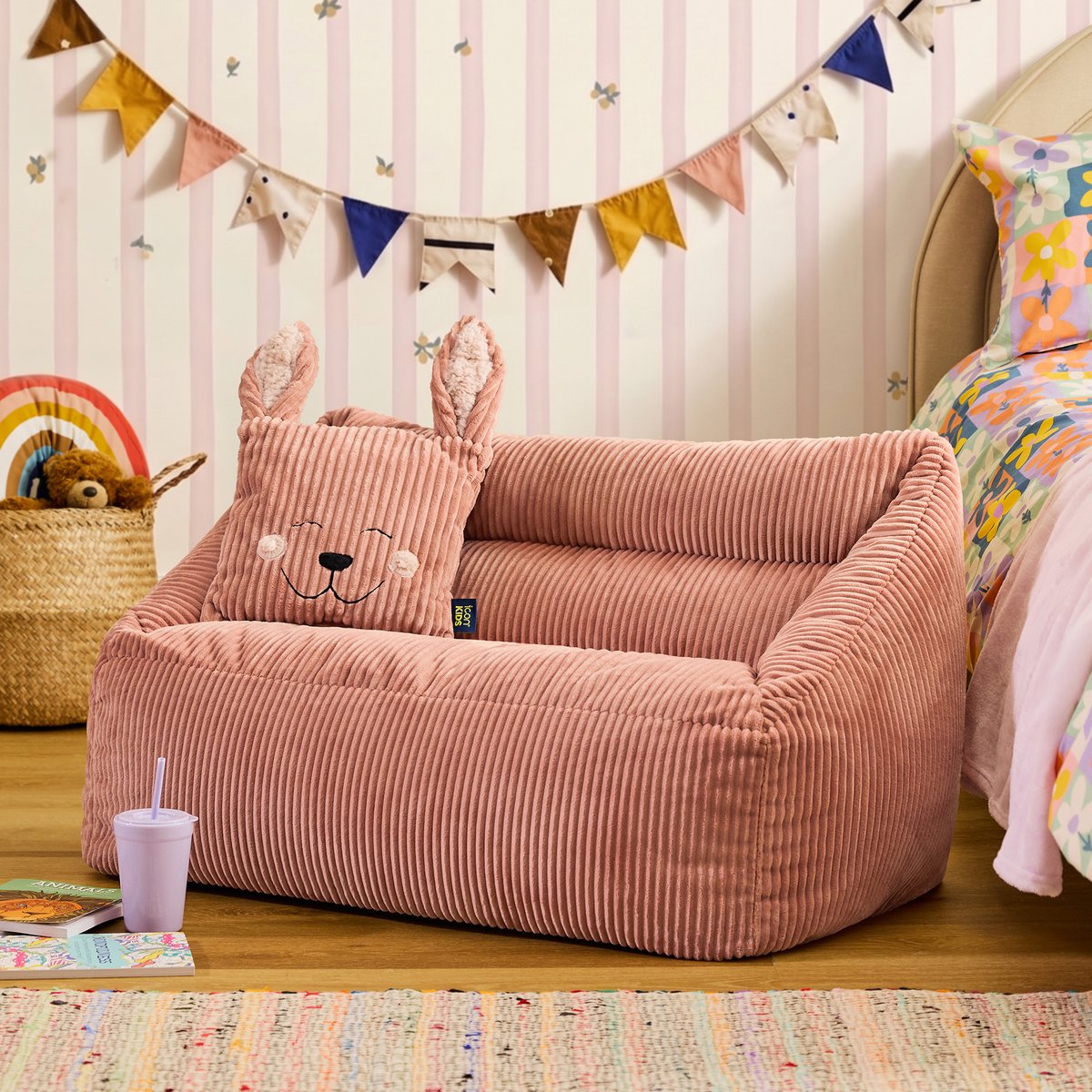Pouf canapé enfant et coussin animal assorti en velours côtelé Oeko-Tex® - CECILIA rose aube, ICON