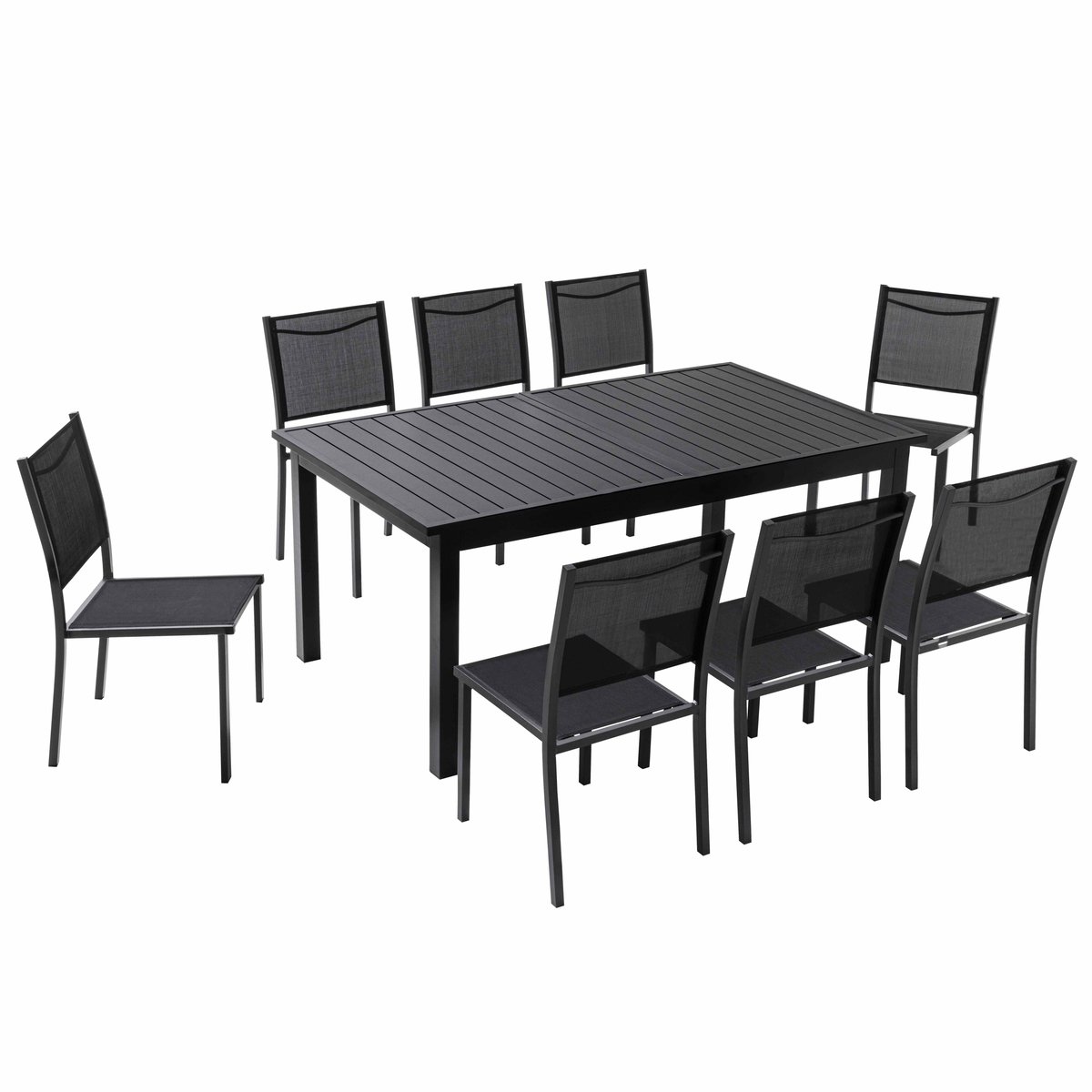 Table de jardin rectangulaire extensible en aluminium avec 8 chaises, BUTTERFLY noir, OVIALA