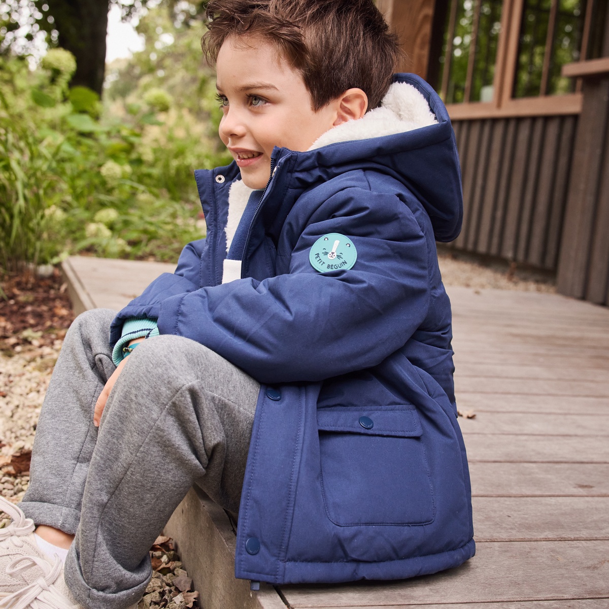 Manteau enfant imperméable doublé sherpa avec capuche Oscar bleu, PETIT BEGUIN