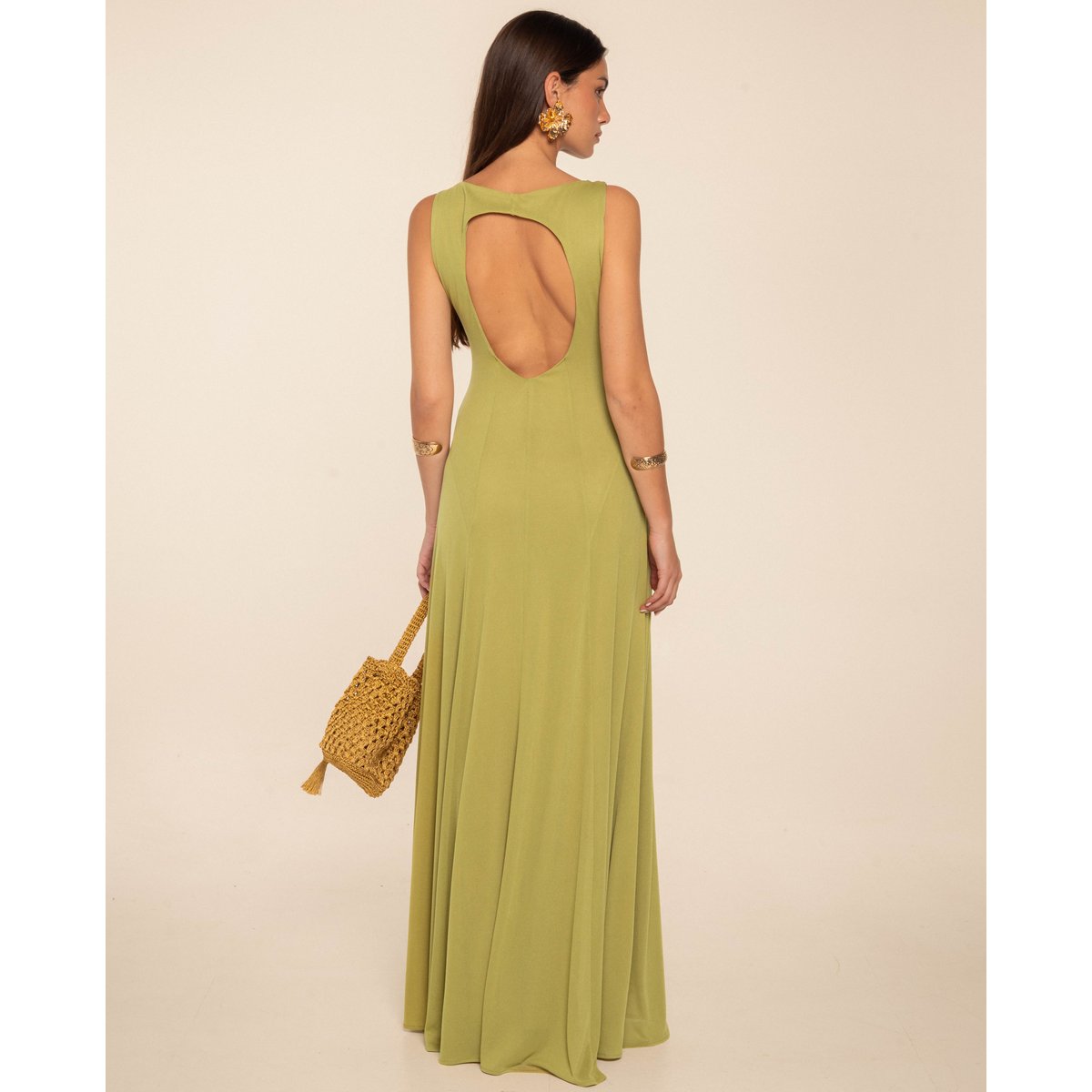 Robe longue en maille avec encolure bateau et ouverture ovale dans le dos vert, THE-ARE