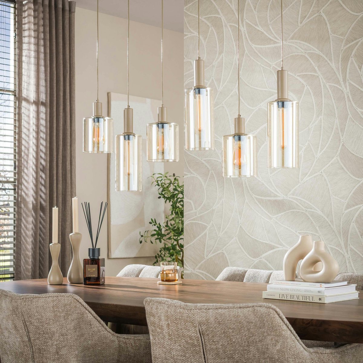 Suspension de table 6 lampes verre ambré métal beige RALF beige, PIER IMPORT